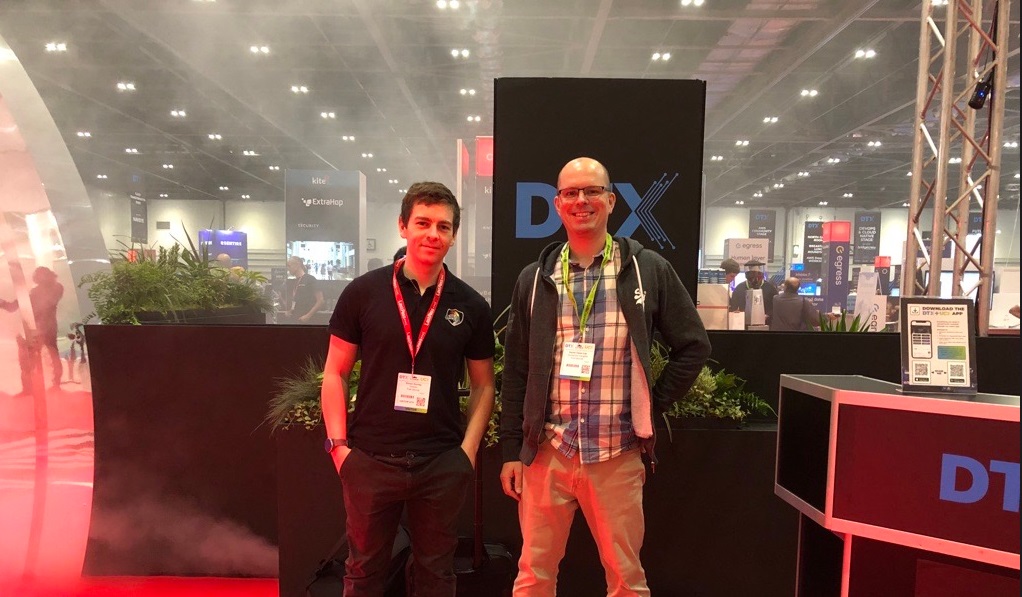Dan and Simon at the entrance to DTX at the eXcel centre in London