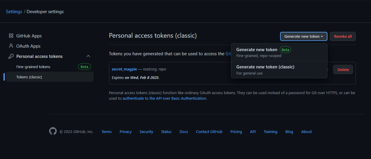 Github showing the add a token screen