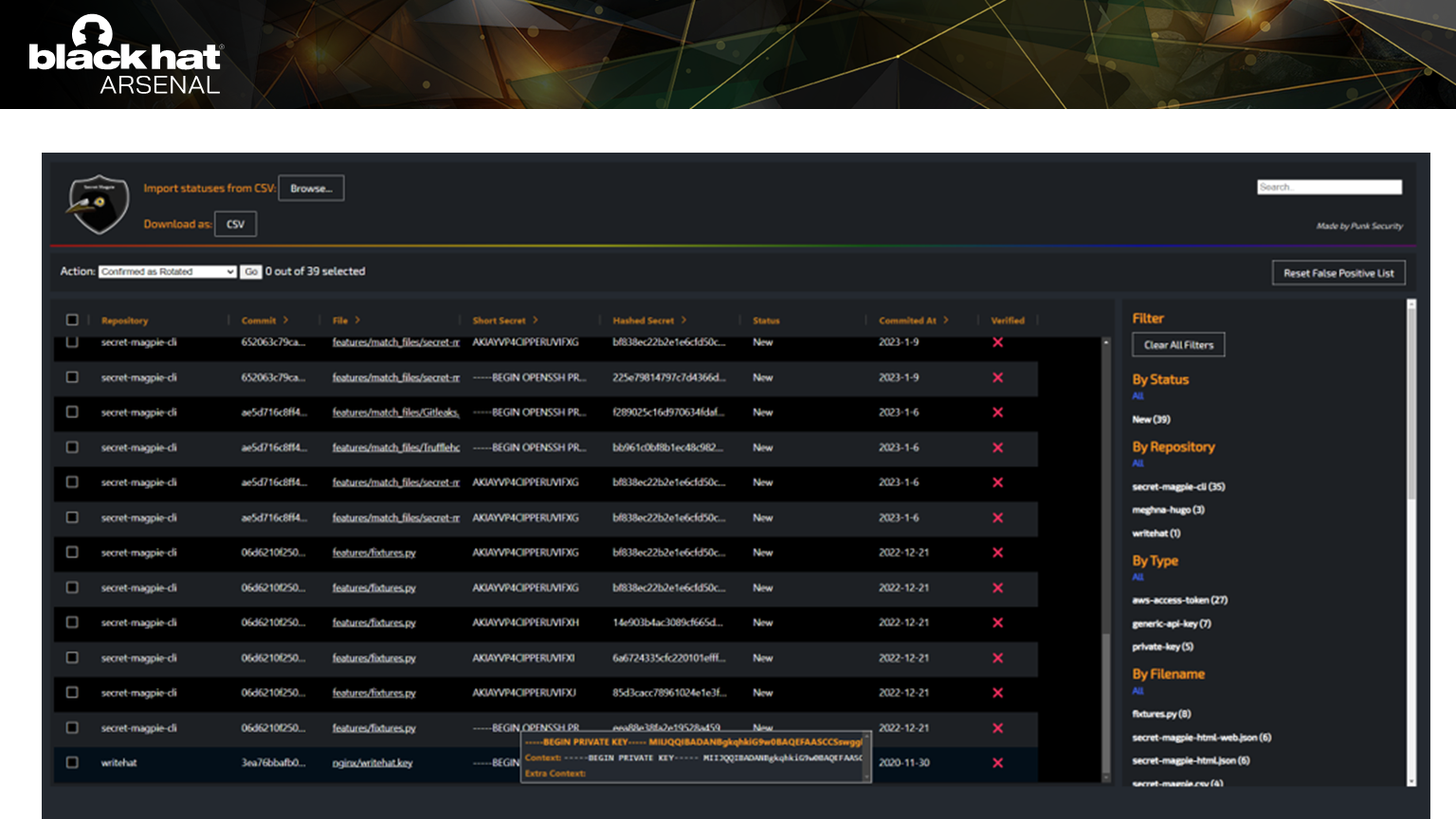 Secret Magpie outputs to a spreadsheet (CSV) or JSON file, but also into an html file like this