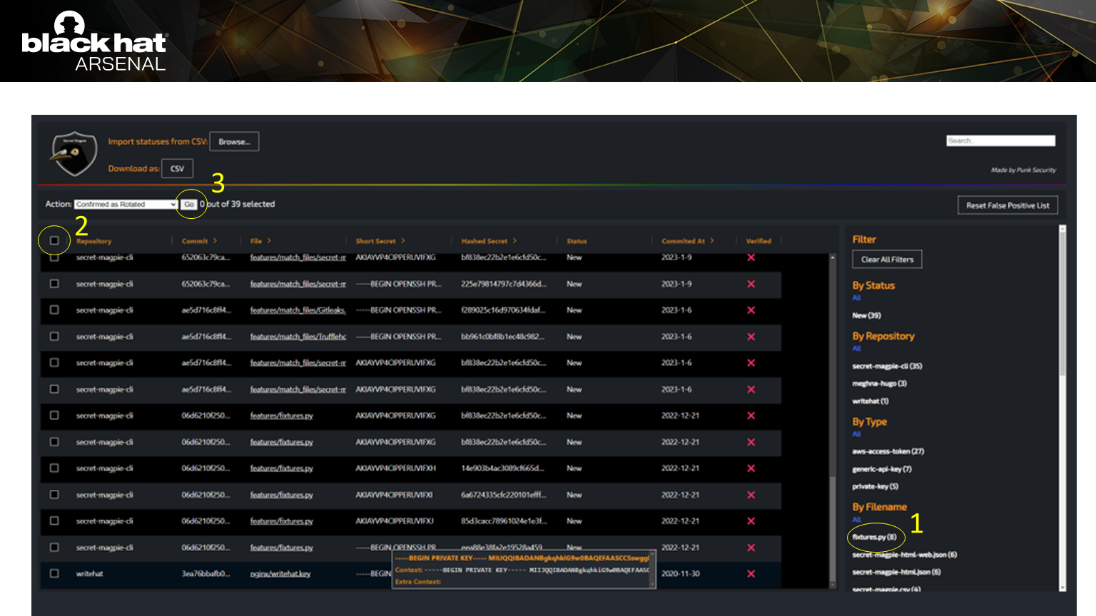 The web output is designed to make processing secrets really easy.  
In this example, you can mark all the detections in a single file as false positives.  
By following this flow, 90% of false positives can be filtered out in a few minutes.
